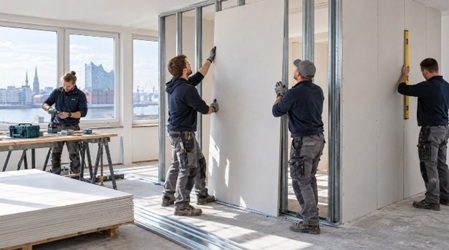 Trockenbauteam beim Aufstellen einer Gipskartonwand