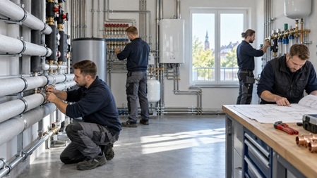 Installationsteam bei Arbeiten an Heizungs- und Sanitärleitungen