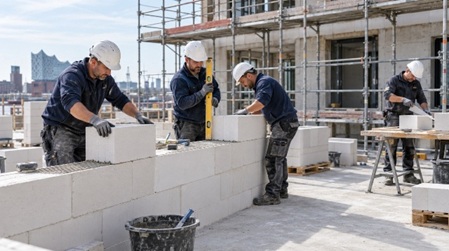 Rohbauteam beim Errichten einer Mauerwerkswand