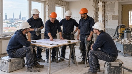 Sechsköpfiges Abbruchteam bei einer Baubesprechung